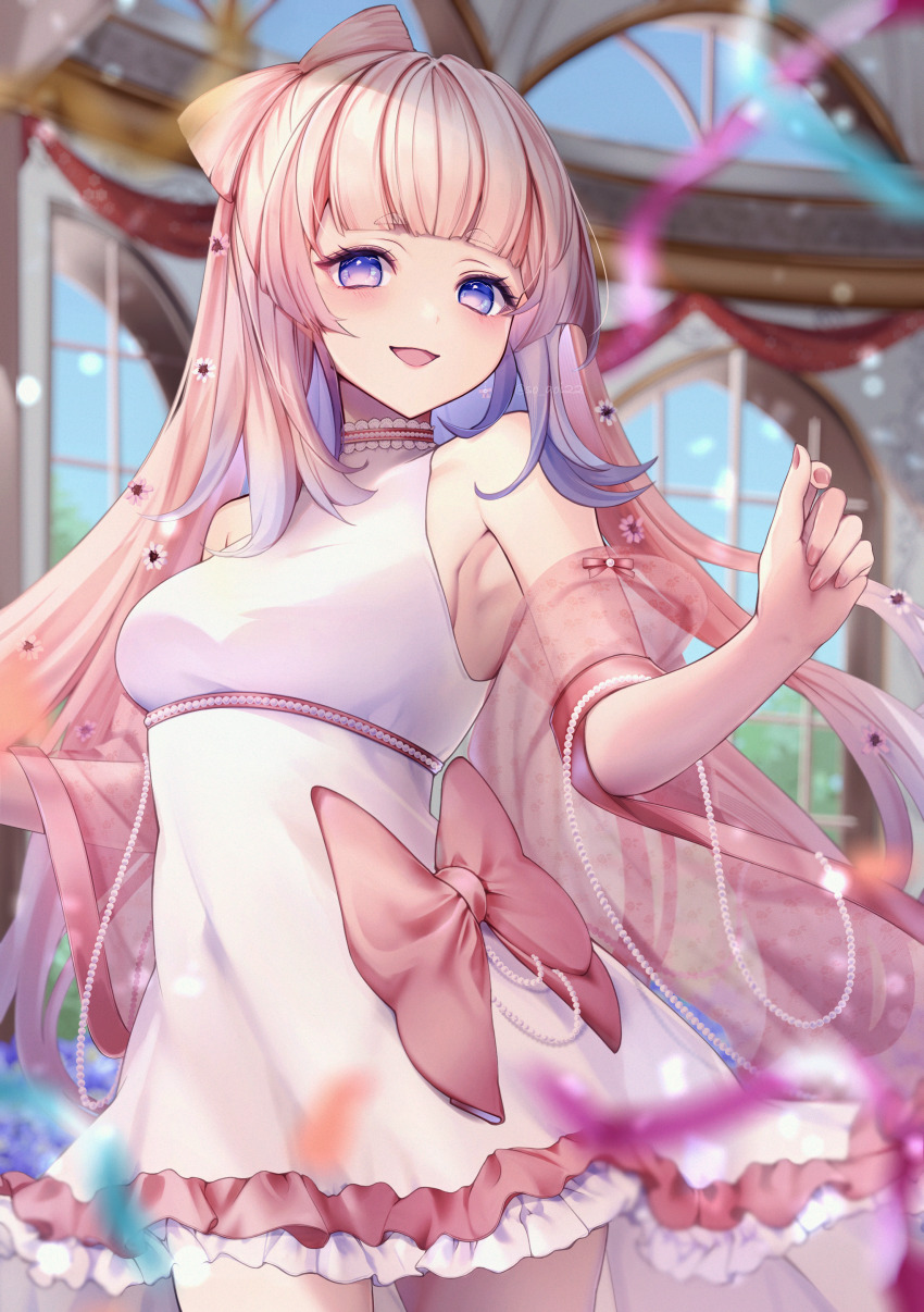 1girl absurdres alternate_costume asahi_(vjss4548) bare_shoulders blunt_bangs blurry blurry_background bow bow-shaped_hair breasts choker colored_tips cowboy_shot dress dress_bow frilled_dress frills genshin_impact gradient_hair hand_up highres lace-trimmed_choker lace_trim long_hair looking_at_viewer medium_breasts multicolored_hair open_mouth pink_bow pink_hair purple_eyes sangonomiya_kokomi see-through_clothes sleeveless sleeveless_dress smile solo streamers thighs white_choker white_dress