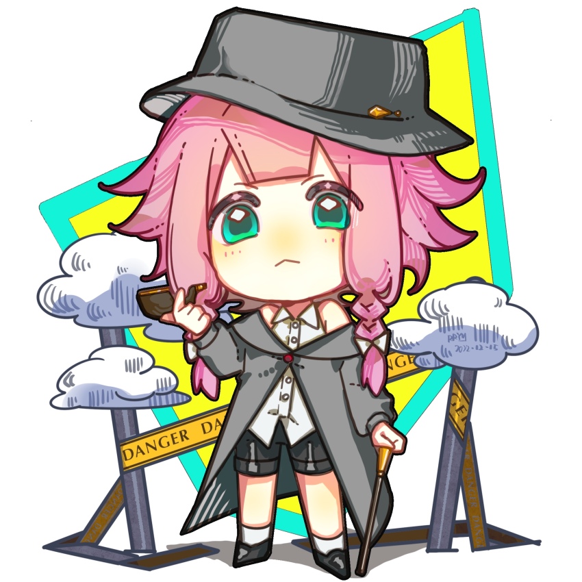 1girl :&lt; arknights artist_name bare_shoulders black_headwear black_shorts bow braid cane caution_tape chibi coat dated green_eyes hair_bow highres holding holding_cane holding_smoking_pipe may_(arknights) off-shoulder_coat off_shoulder pink_hair rryy shirt short_hair_with_long_locks shorts sleeveless sleeveless_shirt smoking_pipe solo trench_coat twin_braids white_bow white_shirt