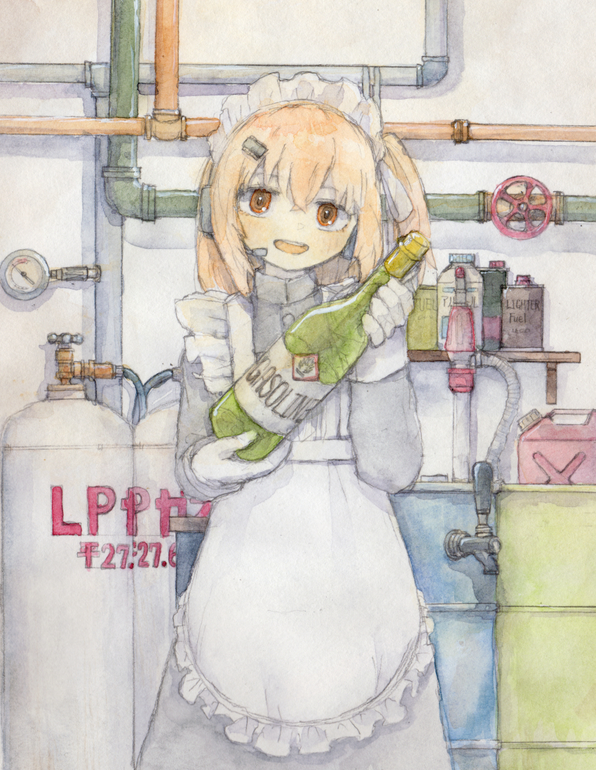 1girl a.i._voice absurdres adachi_rei alternate_costume apron beer_tap black_dress blush bone_71 bottle buttons commentary_request container crossed_bangs dress drum_(container) english_text enmaided feet_out_of_frame flammable_symbol frilled_apron frills fuel gasoline gloves hair_ornament hair_ribbon hairclip hands_up head_tilt headphones headset highres holding holding_bottle hose industrial_pipe jerry_can long_dress long_sleeves looking_at_viewer maid maid_apron maid_headdress medium_hair one_side_up open_mouth orange_eyes orange_hair painting_(medium) pressure_gauge ribbon smile solo standing straight-on teeth traditional_media translation_request upper_teeth_only utau valve watercolor_(medium) white_apron white_gloves white_ribbon
