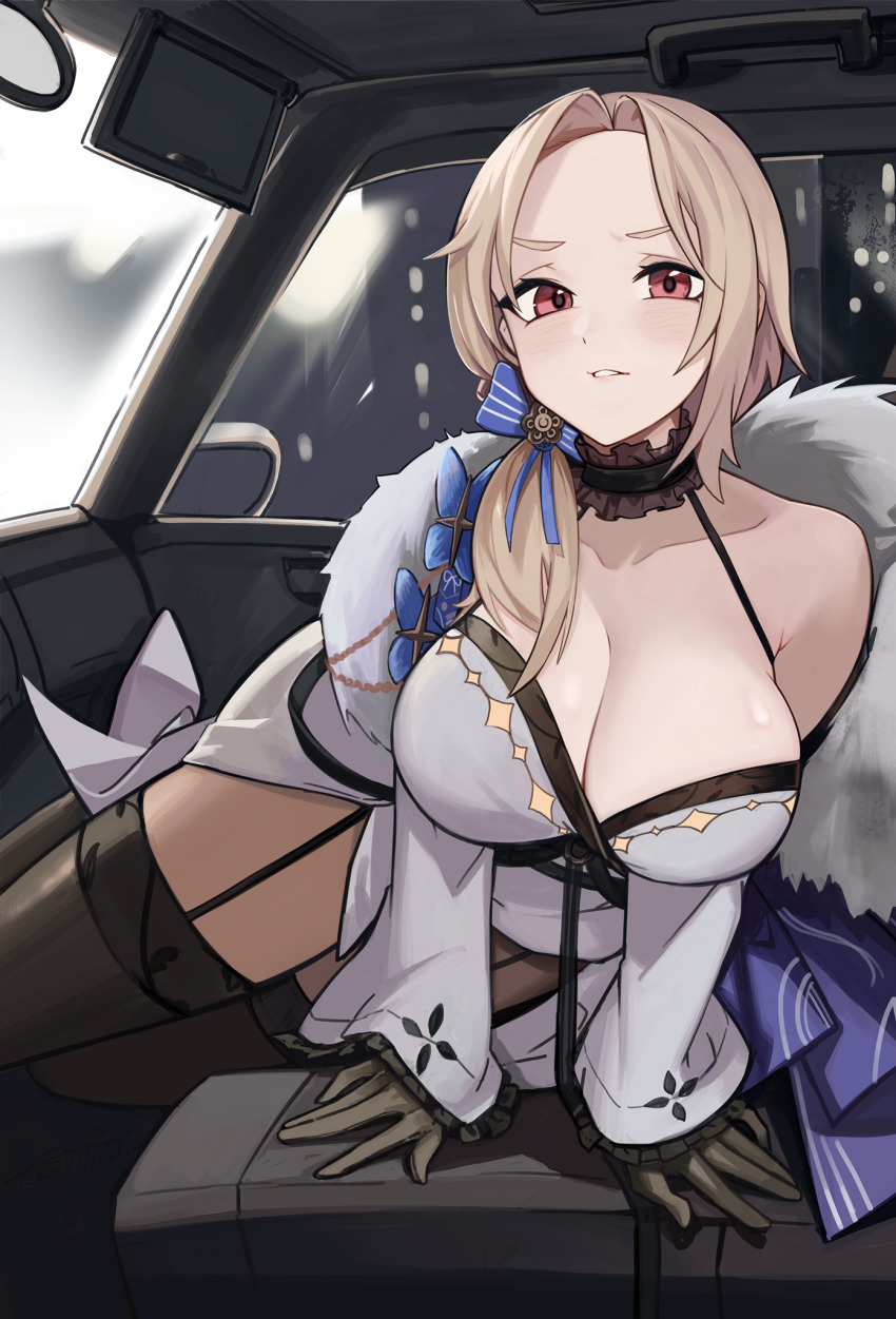 1girl anizi arm_support black_choker black_gloves black_thighhighs blonde_hair breasts car_interior choker cleavage frilled_choker frills fur-trimmed_kimono fur_trim garter_straps gloves goddess_of_victory:_nikke highres japanese_clothes kimono large_breasts long_hair long_sleeves looking_at_viewer low_ponytail ludmilla_(nikke) ludmilla_(winter_owner)_(nikke) official_alternate_costume parted_bangs parted_lips ponytail red_eyes solo thighhighs white_kimono
