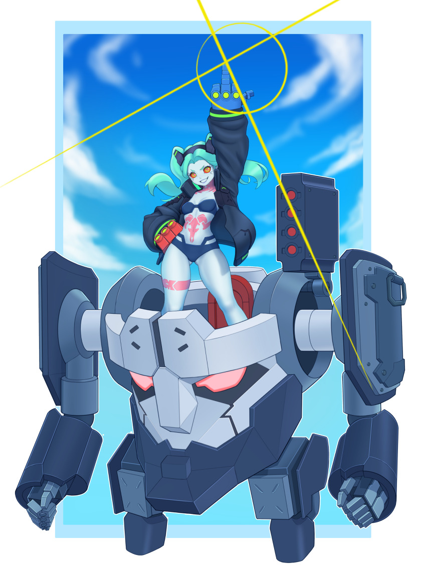 1girl absurdres black_bra black_jacket black_panties blue_hair blue_skin blue_sky body_markings bra breasts colored_sclera colored_skin company_connection crossover curvy cyberpunk:_edgerunners cyberpunk_(series) forehead green_eyes highres jacket long_hair long_sleeves looking_at_viewer mecha middle_finger mielle635 navel open_clothes open_jacket outdoors panties pointing pun rebecca_(cyberpunk) red_sclera robot samurai_jacket_(cyberpunk) sky small_breasts smile standing teeth tengen_toppa_gurren_lagann underwear wide_hips