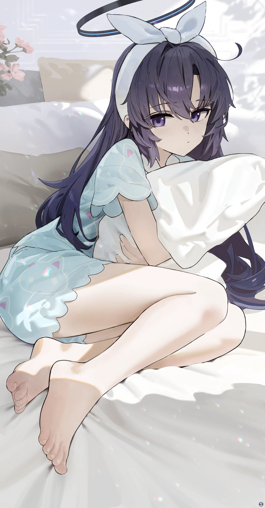 1girl absurdres barefoot bed_sheet black_halo blue_archive blue_eyes blue_hair blue_pajamas blue_shirt blue_shorts bow closed_mouth commentary_request expressionless feet hairband halo highres hugging_object indoors legs long_hair looking_at_viewer official_alternate_costume official_alternate_hairstyle on_bed pajamas pillow pillow_hug print_shirt print_shorts shirt short_shorts short_sleeves shorts single_hair_intake solo songchuan_li thighs toes white_bow white_hairband yuuka_(blue_archive) yuuka_(pajamas)_(blue_archive)