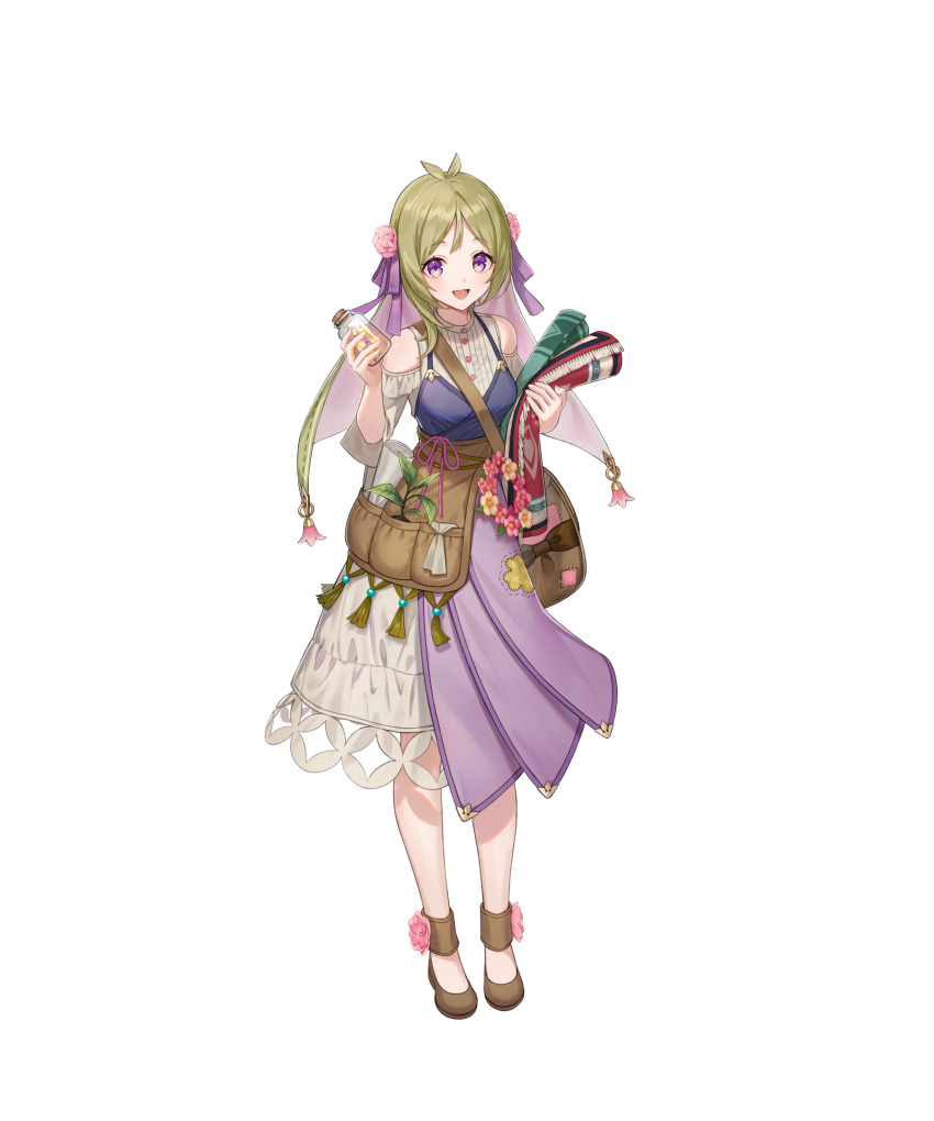 1girl :d antenna_hair atelier_(series) atelier_resleriana bag brown_footwear carpet clothing_cutout dress fanged_bangs flocke_cerha flower footwear_flower full_body green_hair hair_flower hair_ornament hair_ribbon handkerchief highres holding holding_jar jar no_socks official_art open_mouth patch pinafore_dress pink_flower plant purple_dress purple_eyes purple_ribbon ribbon rolled_up_paper shoulder_bag shoulder_cutout simple_background sleeveless sleeveless_dress smile solo transparent_background umiu_geso white_dress