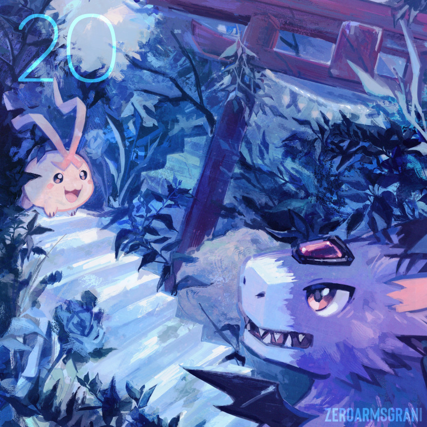absurdres artist_name digimon digimon_(creature) digital_monster_x-evolution dorumon grass highres leaf looking_at_another no_humans open_mouth purple_fur sharp_teeth stairs teeth tokomon tokomon_x-antibody wings zeroarmsgrani