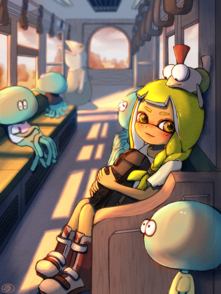 1girl absurdres backpack bag black_bag black_footwear black_shirt blonde_hair blurry blurry_background blush boots braid closed_mouth cloud commentary_request depth_of_field eyebrow_cut hand_grip highres holding holding_bag inkling inkling_girl inkling_player_character jellyfish_(splatoon) long_hair looking_at_another looking_at_viewer looking_down looking_outside mohawk moromi_(kscd4482) multicolored_footwear nintendo on_head red_hair shadow shirt short_eyebrows short_sleeves side_braid sidelocks single_braid sitting sky smallfry_(splatoon) smile splatoon_(series) splatoon_3 t-shirt train_interior white_footwear white_shirt window yellow_eyes