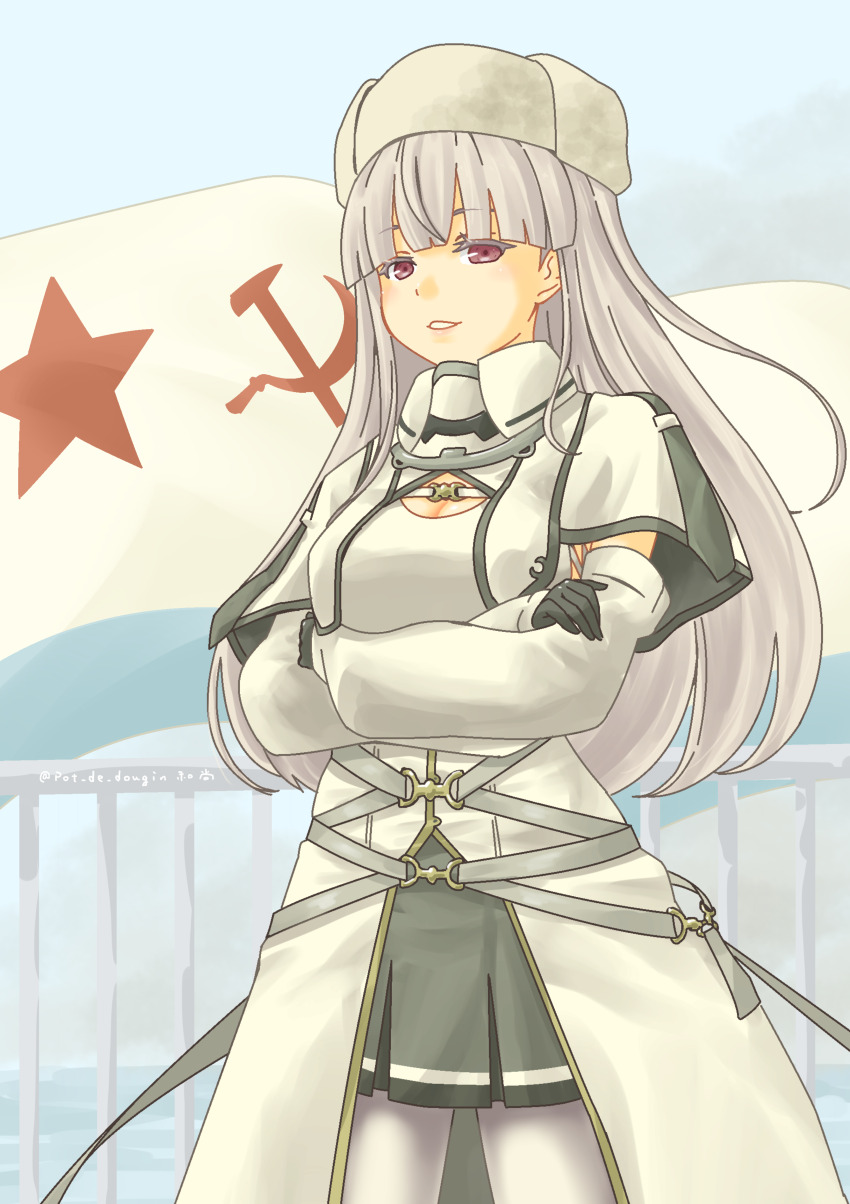 1girl absurdres black_gloves commentary_request detached_sleeves dress fur_hat gloves grey_hair grey_skirt hammer_and_sickle hat highres kantai_collection kirov_(kancolle) looking_at_viewer pantyhose papakha pink_eyes pleated_skirt pot-de railing skirt smile solo soviet_navy_flag white_dress white_hat white_pantyhose