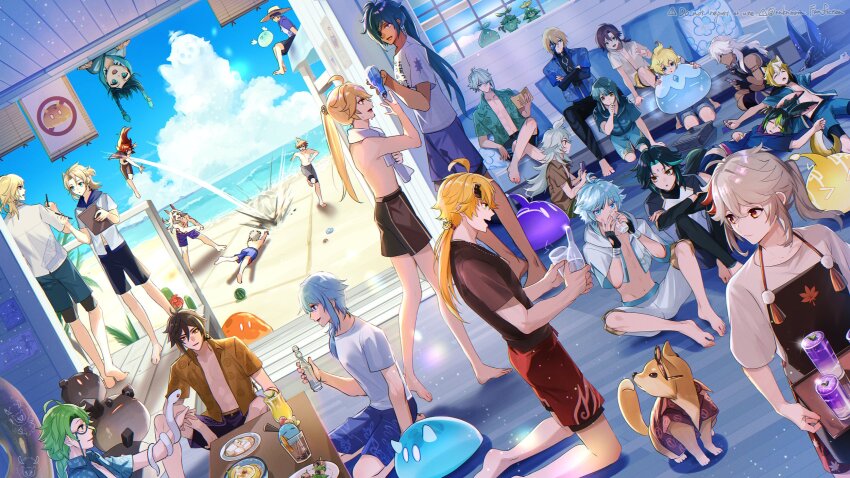 6+boys aether_(genshin_impact) albedo_(genshin_impact) alhaitham_(genshin_impact) animal_ears apron aranara_(genshin_impact) arataki_itto arm_snake baizhu_(genshin_impact) barefoot beach bennett_(genshin_impact) bike_shorts bike_shorts_under_shorts black_apron black_bike_shorts black_male_swimwear black_swim_trunks blonde_hair blue_eyes blue_hair blue_hood blue_male_swimwear blue_shirt blue_shorts blue_swim_trunks bottle braid brown_apron brown_eyes brown_hair brown_shirt cactus chongyun_(genshin_impact) closed_eyes cyno_(genshin_impact) dainsleif_(genshin_impact) dark-skinned_male dark_skin diluc_(genshin_impact) dog dog_ears drinking eyepatch fake_horns feet food fox_ears fruit genshin_impact glasses gorou_(genshin_impact) green_eyes green_hair grey_hair grey_male_swimwear grey_swim_trunks hair_ornament highres hiki_yuichi holding holding_bottle holding_pen hood hoodie horns jumping kaedehara_kazuha kaeya_(genshin_impact) kamisato_ayato kaveh_(genshin_impact) long_hair male_focus male_swimwear mask mika_(genshin_impact) multicolored_hair multiple_boys ocean open_clothes open_mouth open_shirt pants pen ponytail razor_(genshin_impact) red_hair red_male_swimwear red_pants red_swim_trunks scaramouche_(genshin_impact) shiba_inu shikanoin_heizou shirt shorts sleeping slime_(genshin_impact) snake stomach swim_trunks swimsuit t-shirt taroumaru_(genshin_impact) tartaglia_(genshin_impact) thoma_(genshin_impact) tighnari_(genshin_impact) toes topless_male towel towel_around_neck twin_braids upper_body venti_(genshin_impact) watermelon white_hair white_shirt xiao_(genshin_impact) xingqiu_(genshin_impact) yellow_eyes zhongli_(genshin_impact)
