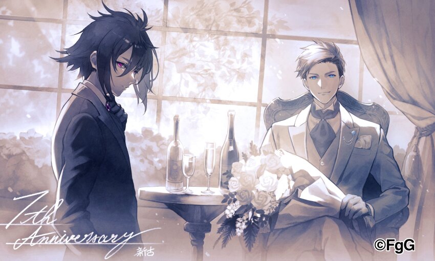 2boys artist_name ascot black_hair blue_eyes bouquet champagne_bottle champagne_flute character_request crossed_legs cup curtains dias_(ta_ga_tame_no_alchemist) drinking_glass flower from_side grey_scales hair_between_eyes highres holding holding_bouquet indoors looking_at_viewer multiple_boys official_art on_chair profile purple_eyes second-party_source sitting standing ta_ga_tame_no_alchemist table window
