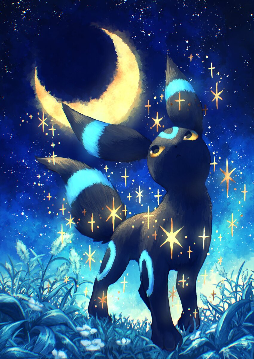 7_phi_3 absurdres alternate_color animal_focus black_fur blue_fur blue_grass blue_theme body_fur colored_sclera crescent_moon gen_2_pokemon grass highres moon night nintendo no_humans outdoors plant pokemon pokemon_(creature) pokemon_focus shiny_pokemon solo star_(sky) umbreon yellow_sclera