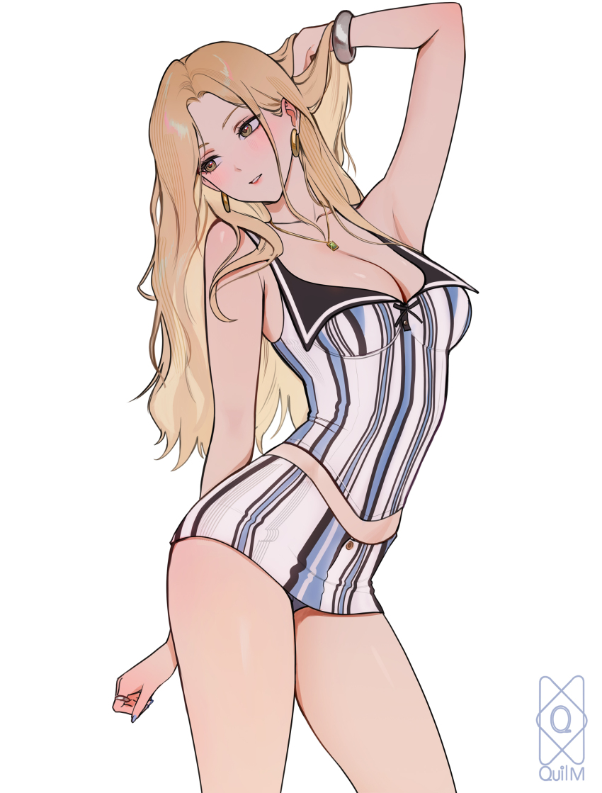 1girl absurdres arm_up blonde_hair breasts brown_eyes cleavage dress earrings highres jewelry long_hair original playing_with_own_hair quilm simple_background solo standing striped_clothes striped_dress vertical-striped_clothes vertical-striped_dress white_background