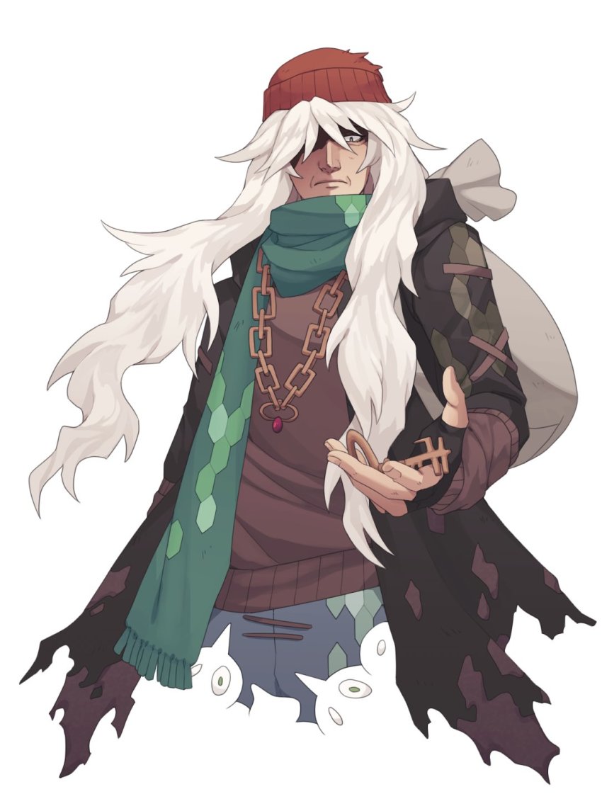 1boy angel_(sunnyknights) az_(pokemon) beanie black_gloves brown_hat brown_sweater chain closed_mouth coat commentary fingerless_gloves gloves green_scarf hat highres jewelry long_hair long_sleeves looking_down male_focus necklace nintendo open_clothes open_coat pokemon pokemon_xy scarf simple_background solo sweater torn_clothes torn_coat white_background white_hair