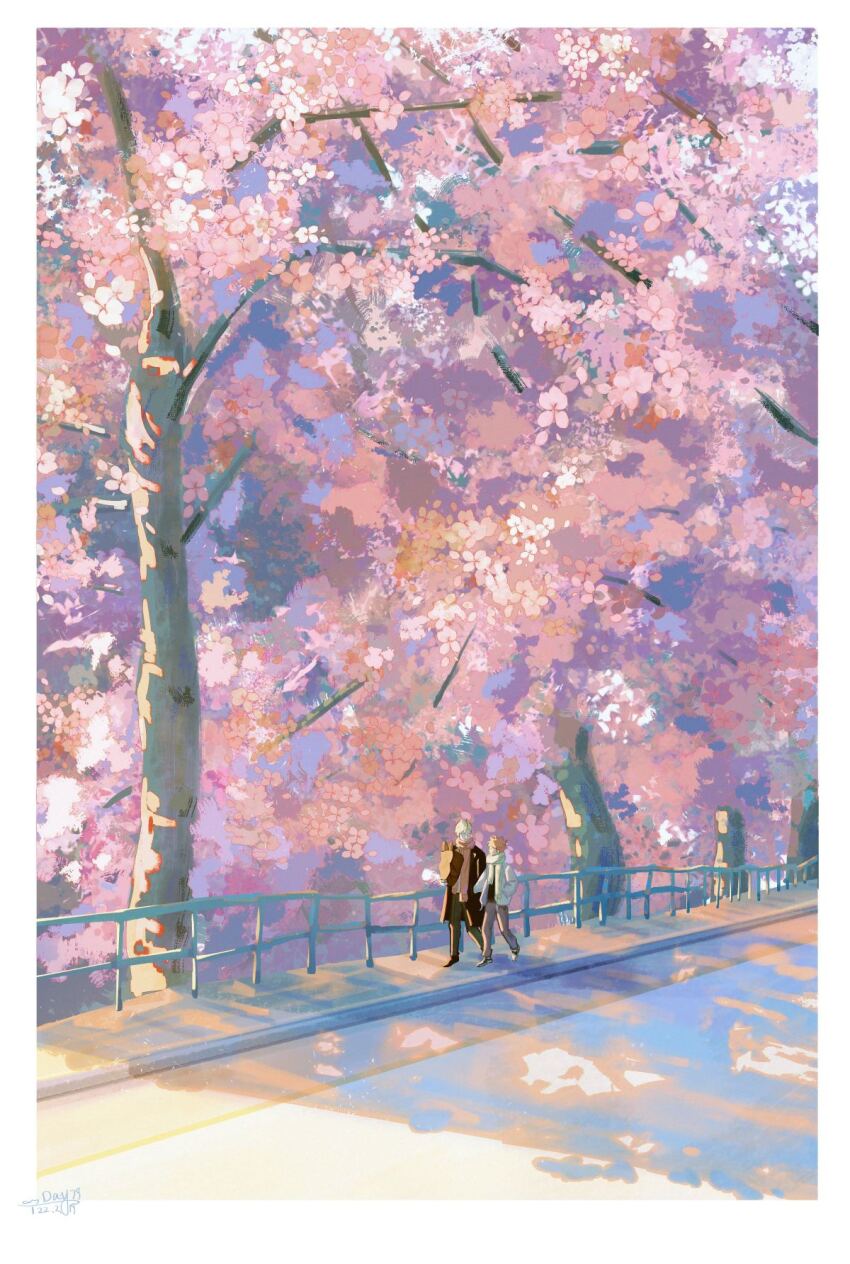 2boys bag baguette black_footwear black_pants black_shirt blonde_hair border bread brown_coat cherry_blossoms chinese_commentary coat commentary_request dated day faceless faceless_male flower food full_body grey_pants grocery_bag haikyuu!! hand_in_pocket highres hinata_shouyou holding holding_bag jacket kozume_kenma looking_at_another multiple_boys one-hour_drawing_challenge open_clothes open_coat open_jacket orange_hair outdoors pants pink_flower railing road sanshui_guantang scarf scenery shadow shirt shoes shopping_bag short_hair sidewalk signature sneakers sweater tree walking white_border white_footwear white_jacket white_scarf wide_shot yellow_scarf yellow_sweater