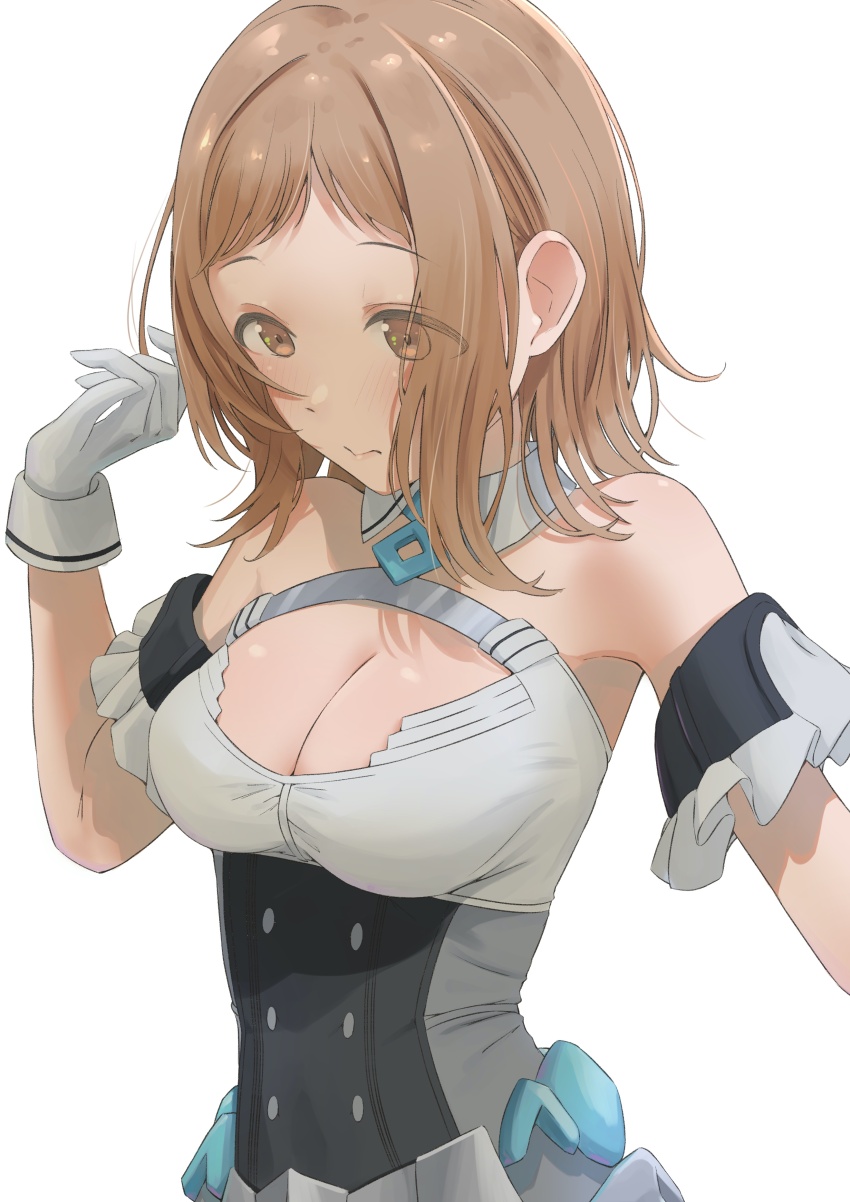 1girl 30_minutes_sisters absurdres bare_shoulders blush breasts brown_eyes brown_hair cleavage cleavage_cutout closed_mouth clothing_cutout detached_collar gloves highres idolmaster idolmaster_shiny_colors idolmaster_shiny_colors_song_for_prism large_breasts looking_down medium_hair sakuragi_mano solo swept_bangs umirororo white_gloves