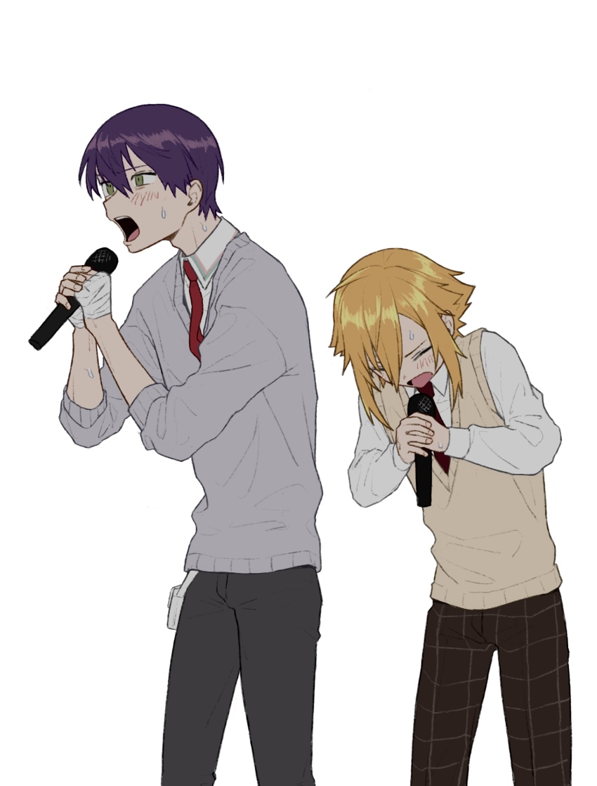 2boys bandaged_hand bandages black_pants blonde_hair blush brown_pants cardigan checkered_clothes checkered_pants closed_eyes collared_dress cowboy_shot dress green_eyes grey_cardigan highres holding holding_microphone kenmochi_touya long_sleeves male_focus microphone multiple_boys music necktie nijisanji pants po_(po_495) purple_hair red_necktie school_uniform shirt short_hair simple_background singing standing sweatdrop sweater_vest uzuki_kou very_short_hair virtual_youtuber white_background white_shirt yellow_sweater_vest
