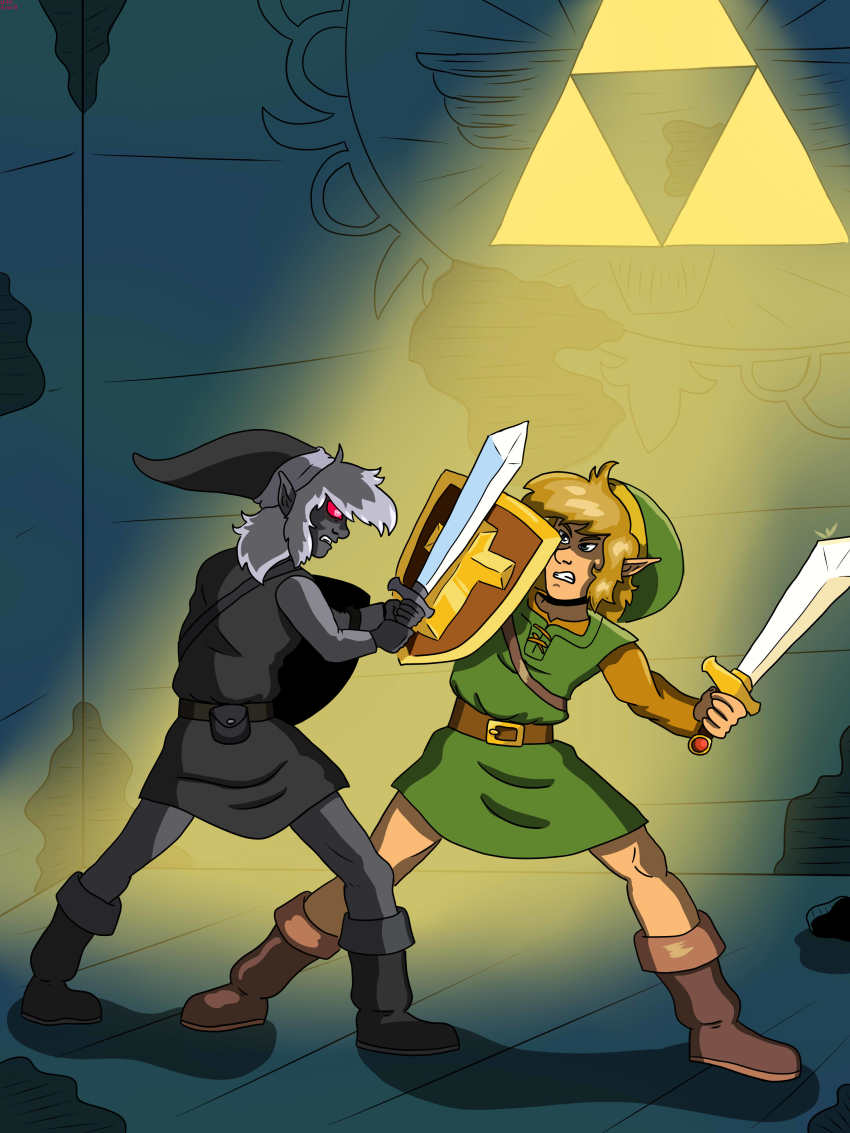 2boys absurdres battle belt blue_eyes brown_hair clone dark_link dual_persona glowing hat highres link multiple_boys nintendo pointy_ears red_eyes shadow shadow_link shield sidelocks sword temple the_legend_of_zelda theet triforce tunic weapon white_hair zelda_ii:_the_adventure_of_link