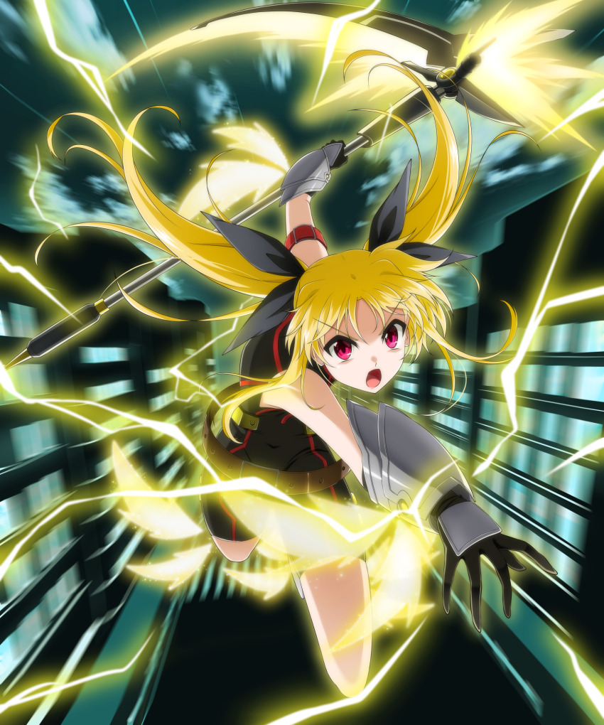1girl ankle_wings armored_gloves bardiche_(nanoha) bardiche_(scythe_form)_(nanoha) blonde_hair building electricity energy_blade energy_wings fate_testarossa fate_testarossa_(sonic_form) full_body highres holding holding_scythe lyrical_nanoha magical_girl mahou_shoujo_lyrical_nanoha mahou_shoujo_lyrical_nanoha_a&#039;s mahou_shoujo_lyrical_nanoha_the_movie_2nd_a&#039;s night oshimaru026 red_eyes scythe solo twintails unitard weapon wings wrist_wings