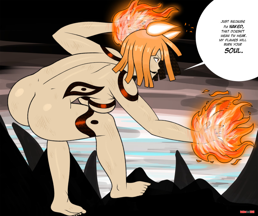 1girl aura blonde_hair breasts dirty energy female_focus fire flying highres kaguya_(soul_eater) large_breasts looking_at_another looking_to_the_side nude pale_skin power red_eyes short_hair solo soul_eater talking tattoo