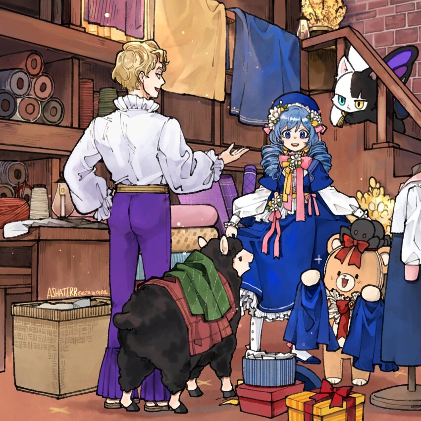 asha_in_erinn bear black_sheep blue_hat cat clothes_shop dress drill_hair hat highres lorna mabinogi pan_(mabinogi) simon_(mabinogi) stairs twin_drills