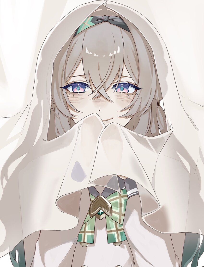 1girl black_hairband bow bowtie buttons closed_mouth collared_shirt curtain_grab curtains double-breasted firefly_(honkai:_star_rail) firefly_(spring_missive)_(honkai:_star_rail) gradient_hair green_bow green_bowtie green_pupils grey_hair grey_sailor_collar hair_between_eyes hair_intakes hair_tubes hairband highres honkai:_star_rail honkai_(series) long_hair multicolored_eyes multicolored_hair naruse_azusa plaid_bow plaid_bowtie plaid_clothes sailor_collar shirt smile solo two-tone_eyes white_shirt