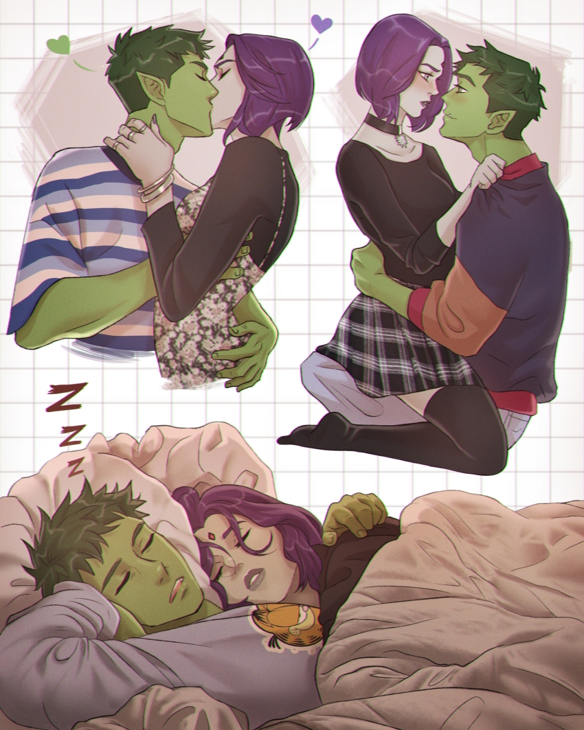 1boy 1girl absurdres beast_boy_(dc) blush colored_skin couple dc_comics green_eyes green_skin grey_hair happy heart highres hug kiss pointy_ears purple_eyes purple_hair purple_lips raven_(dc) sleeping smile teen_titans zzz