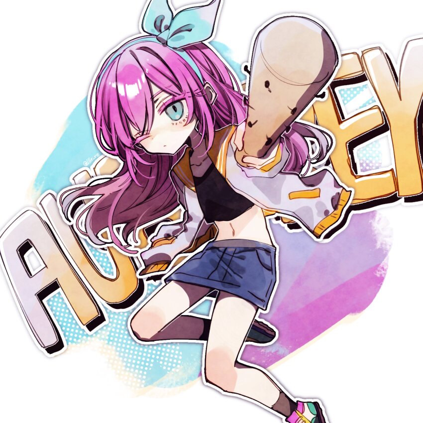 1girl absurdres aubrey_(faraway)_(omori) aubrey_(omori) baseball_bat black_socks blue_eyes blue_hairband blue_skirt character_name closed_mouth collarbone crop_top denim denim_skirt hairband hanabata0320 highres holding holding_baseball_bat jacket long_hair long_sleeves looking_at_viewer nail_(hardware) nail_bat navel omori one_eye_closed pink_hair shoes skirt sneakers socks solo white_jacket