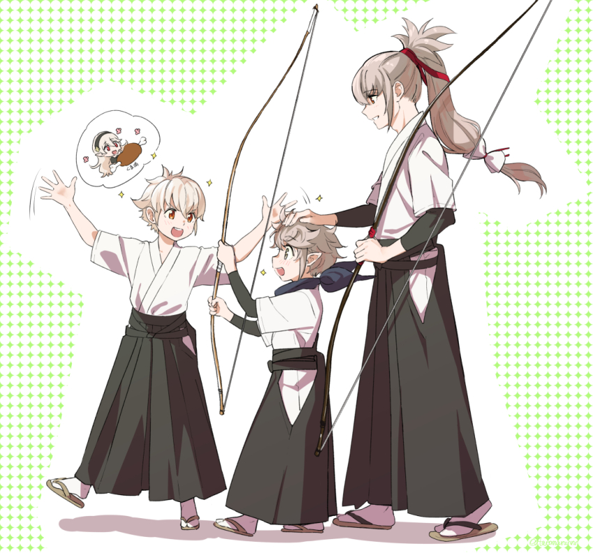 3boys alternate_costume bow_(weapon) brothers corrin_(female)_(fire_emblem) corrin_(fire_emblem) father_and_son fire_emblem fire_emblem_fates grey_hair hair_ribbon holding holding_bow_(weapon) holding_weapon japanese_clothes female_kana_(fire_emblem) kiragi_(fire_emblem) multiple_boys nintendo red_eyes ribbon sandals siblings speech_bubble takumi_(fire_emblem) taromarun weapon