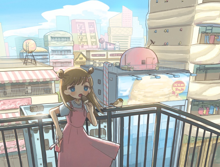 1girl absurdres awning backlighting billboard bird blue_eyes blush bright_pupils brown_hair building city day dot_nose double_bun dress food food_wrapper hair_bun highres holding holding_food ice_cream_bar laundry open_mouth original outdoors pandamaaaan pinafore_dress pink_dress plant potted_plant railing rooftop satellite_dish scenery short_sleeves sleeveless sleeveless_dress sweat water_tank white_pupils