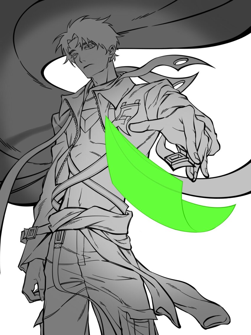 1boy arm_at_side closed_mouth greyscale highres jacket lo_po_bia_traumerei long_sleeves looking_at_viewer monochrome open_clothes open_jacket original outstretched_arm pants paper partially_colored shaded_face shadow short_hair simple_background sincal1224 solo thick_eyebrows tower_of_god white_background