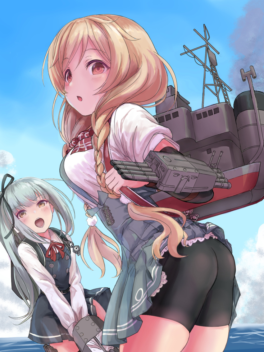 2girls belt bike_shorts bike_shorts_under_skirt black_belt black_dress black_ribbon black_shorts blush braid brown_eyes day dress em_s grey_hair grey_skirt hair_ribbon highres kantai_collection kasumi_(kancolle) kasumi_kai_ni_(kancolle) light_brown_hair long_hair long_sleeves machinery minegumo_(kancolle) multiple_girls ocean open_mouth pinafore_dress pleated_skirt red_eyes ribbon rigging ship_turret shirt short_sleeves shorts shorts_under_skirt side_ponytail skirt sleeveless sleeveless_dress torpedo torpedo_launcher torpedo_tubes twin_braids white_shirt