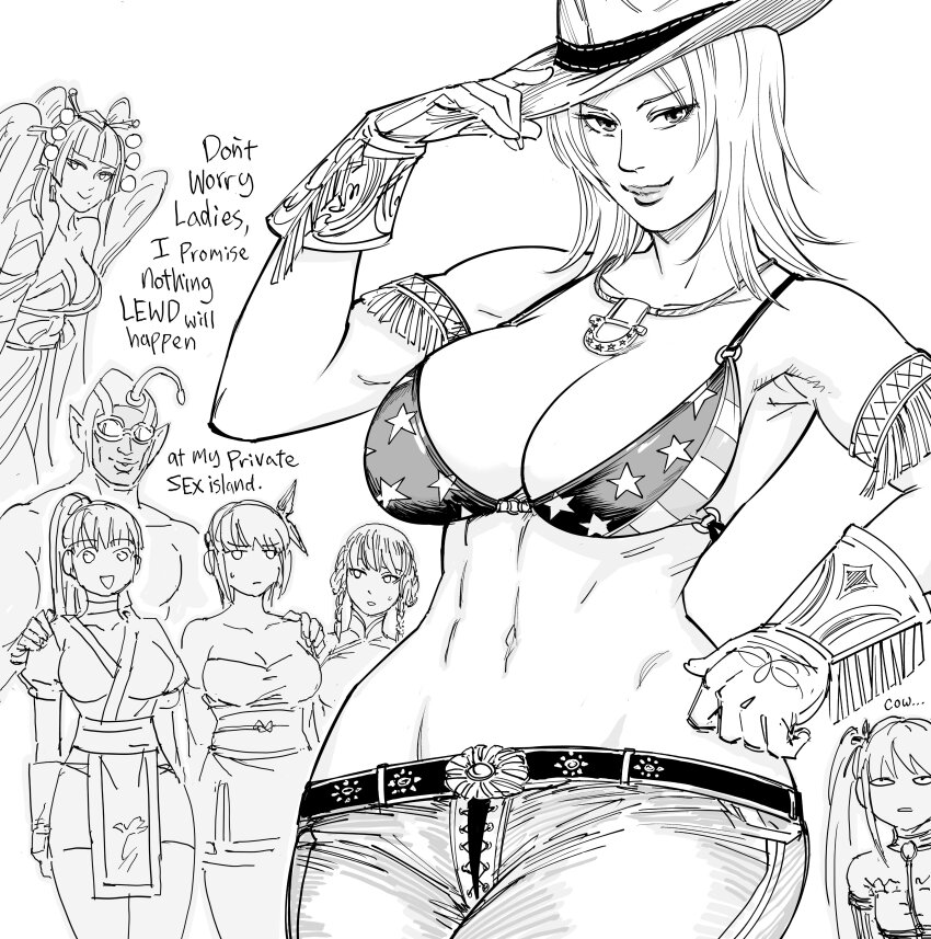 1boy 6+girls absurdres alternate_costume american_flag american_flag_bikini american_flag_print ayane_(doa) bare_shoulders bb_(baalbuddy) belt bikini bikini_top_only braid breast_envy breasts cleavage cowboy_hat dead_or_alive denim english_text flag_print flag_print_bikini gloves greyscale hat highres horseshoe_necklace jeans jewelry kasumi_(doa) large_breasts lei_fang long_hair looking_at_viewer lowleg lowleg_pants marie_rose medium_hair mole mole_under_mouth monochrome multiple_girls navel necklace ninja nyotengu open_mouth pants pelvic_curtain ponytail print_bikini siblings sisters smile solo_focus standing stomach swimsuit tassel thighhighs tina_armstrong twin_braids wings zack_(doa)