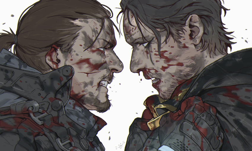 2boys arms_up beard black_cape black_gloves blood blood_on_clothes blood_on_face blue_eyes brown_hair cape clenched_teeth clothes_grab commentary death_stranding english_commentary facial_hair fighting forehead_tattoo furrowed_brow gloves hamms_hamss higgs_(death_stranding) highres injury male_focus multiple_boys nosebleed parted_lips ponytail profile sam_porter_bridges short_hair short_ponytail simple_background tattoo teeth upper_body white_background