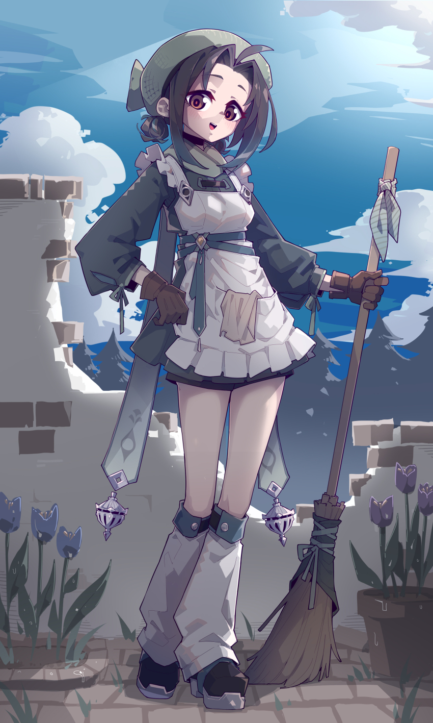 1girl :d absurdres ahoge apron beret black_choker black_hair black_shoes blue_flower blue_sky blue_tulip blush brick_wall broom brown_gloves choker cloud cobblestone day double_bun dress flower frilled_apron frills gloves green_dress green_hat hair_bun hat highres holding holding_broom imazawa kneehighs legs_apart light_rays loose_socks low_twintails object_in_pocket open_mouth original outdoors pink_eyes pocket purple_flower purple_tulip ruins shoes sidelocks sky smile socks solo thighs tulip twintails white_apron white_socks