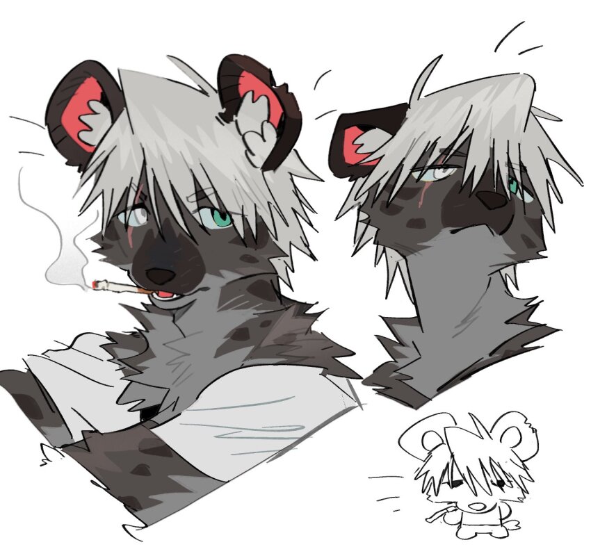 1boy aqua_eyes body_fur cigarette furry furry_male grey_fur grey_hair grey_shirt highres hyena_boy looking_at_viewer male_focus multiple_views nazume4 original portrait shirt short_hair simple_background smoke smoking white_background