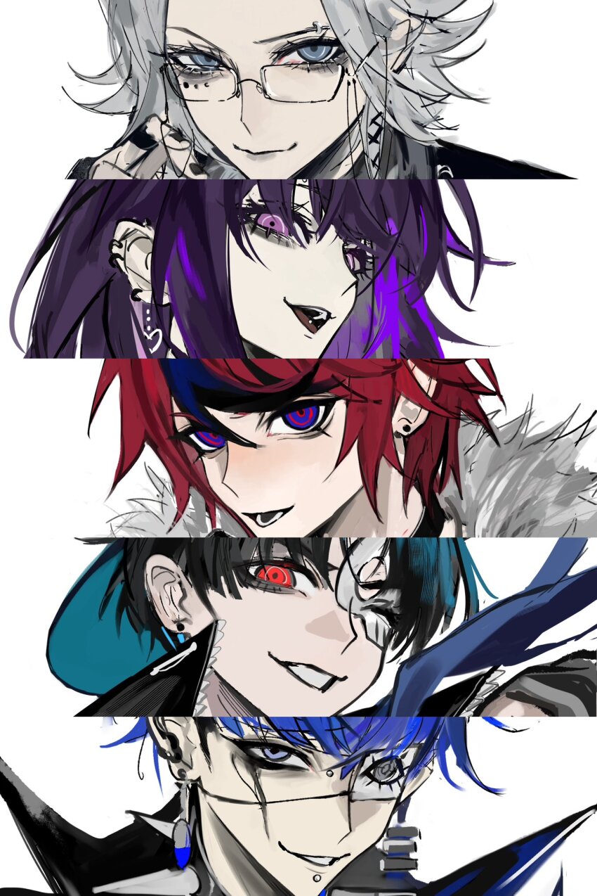 5boys alternate_costume aotsuki_eito binxngchng1 black_hair black_streaks blue_eyes blue_hair close-up ear_piercing earrings eye_print eyebrow_piercing eyepatch face_piercing fur_trim glasses grey_hair highres jewelry labret_piercing looking_at_viewer male_focus maruko_gaku multicolored_hair multiple_boys omokage_yugamu one_eye_closed piercing pink_eyes print_eyepatch purple_hair red_eyes red_hair short_hair smile streaked_hair sumino_takumi the_hundred_line_-last_defense_academy- tongue_piercing tsukumo_ima
