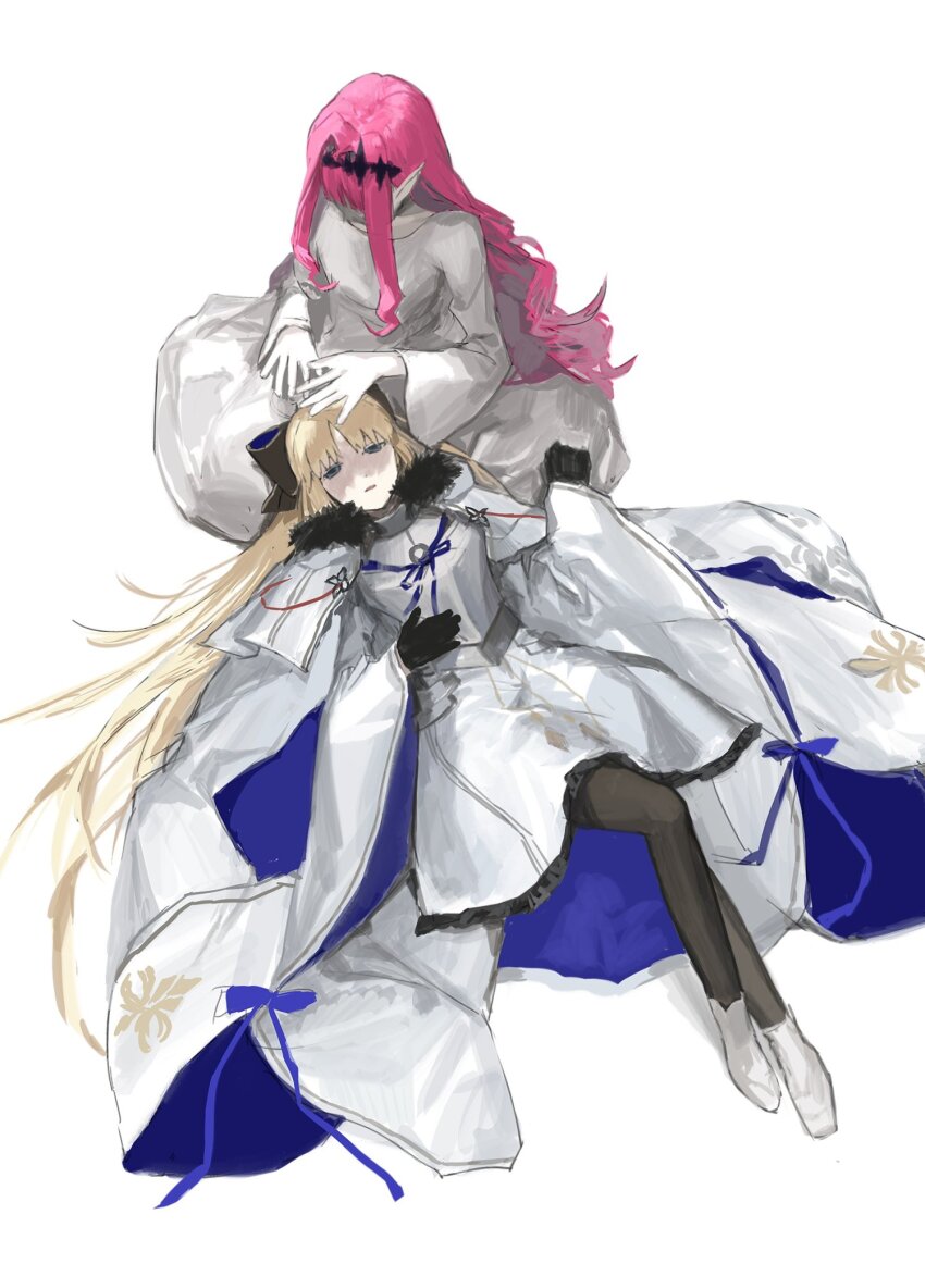 2girls aesc_(fate) aesc_(savior)_(fate) baobhan_sith_(fate) black_gloves blonde_hair blue_eyes bow cherroppi fate/grand_order fate_(series) full_body fur_trim gloves hair_between_eyes hair_bow highres long_hair multiple_girls pink_hair simple_background very_long_hair