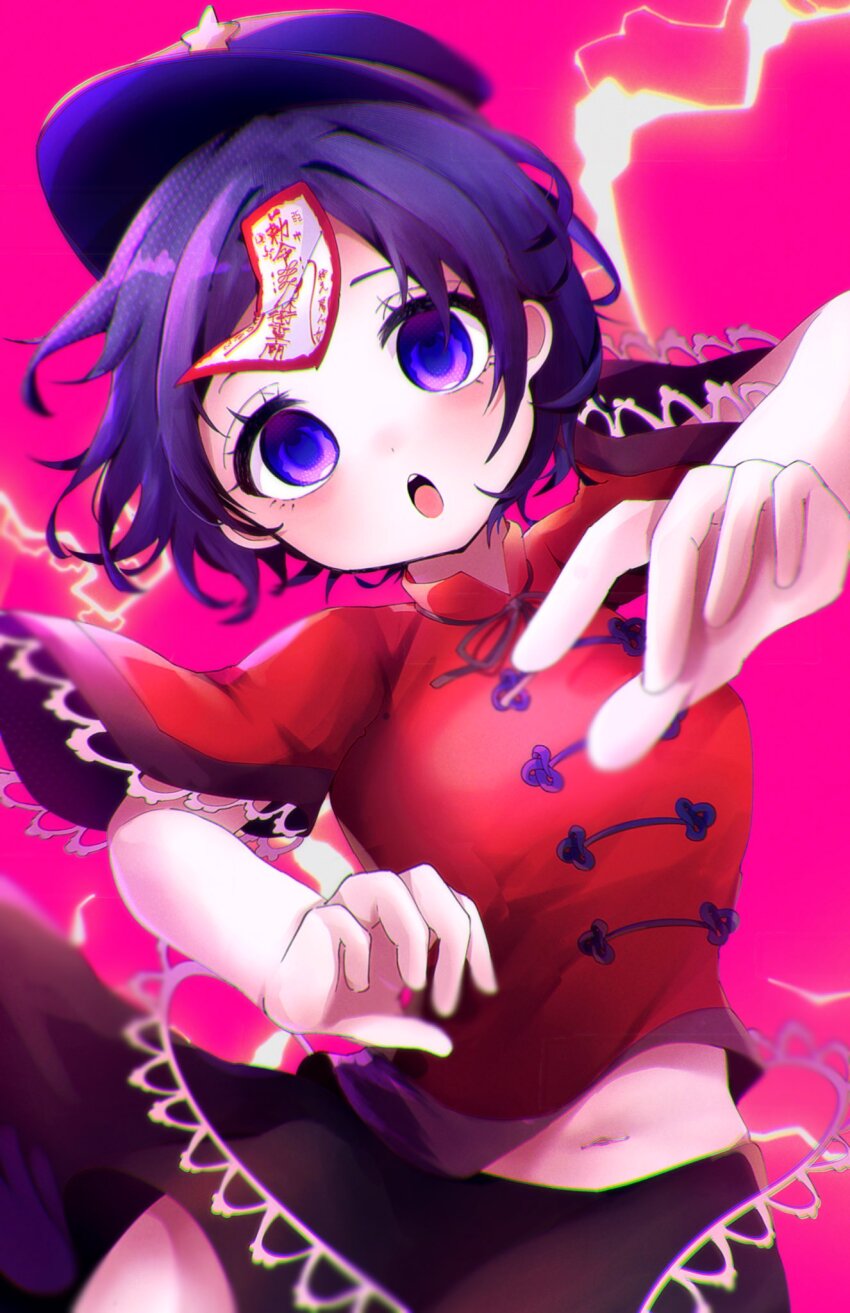 1girl :o black_ribbon black_skirt blush breasts chinese_clothes commentary_request cowboy_shot hat hat_ornament highres jiangshi lace-trimmed_sleeves lace_trim looking_at_viewer medium_breasts miyako_yoshika navel neck_ribbon newsboy_cap ofuda open_mouth orinanchu outstretched_arms pink_background purple_eyes purple_hair purple_hat red_shirt ribbon shirt short_sleeves skirt solo star_(symbol) star_hat_ornament tangzhuang touhou zombie_pose