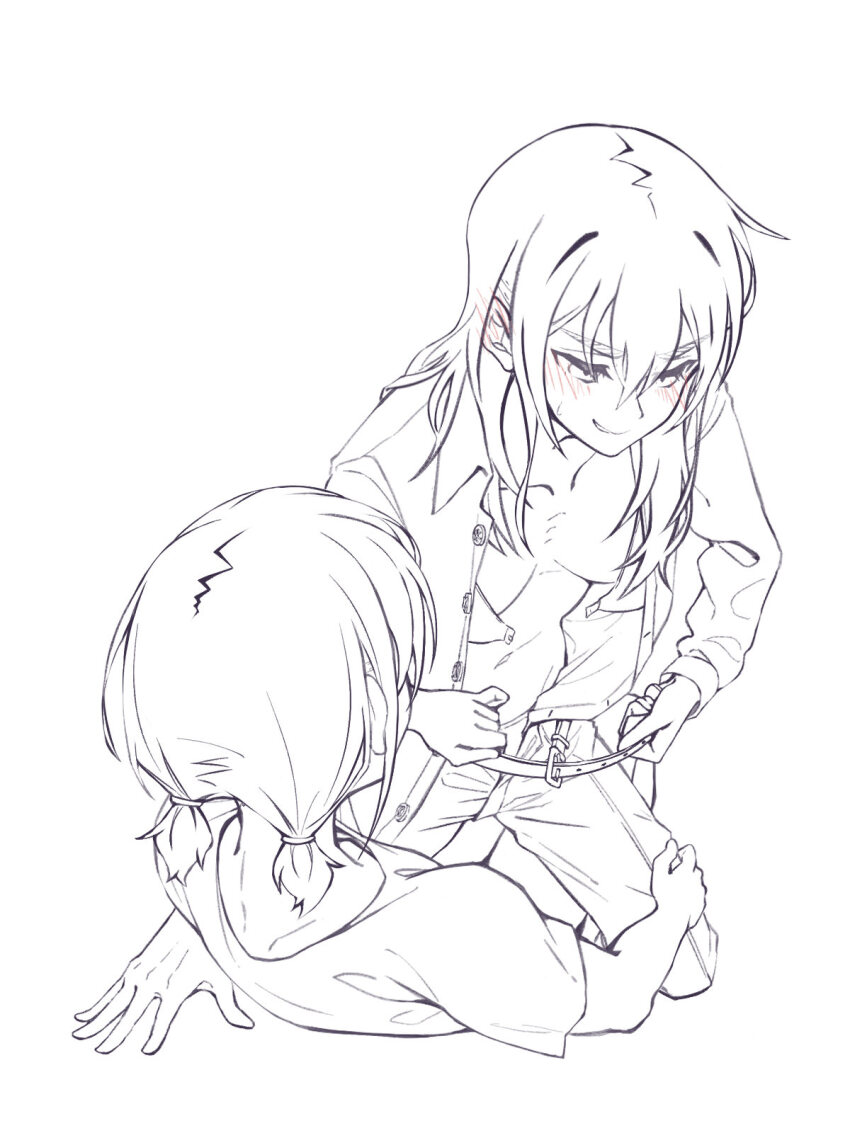 2girls belt bra breasts chinese_commentary commentary_request doki_(oox3o) dress_shirt girls_band_cry greyscale hair_between_eyes highres iseri_nina kawaragi_momoka lineart long_hair long_sleeves low_twintails lying medium_breasts monochrome multicolored_hair multiple_girls navel on_back open_bra open_clothes open_mouth open_shirt pants removing_belt roots_(hair) shirt short_hair short_sleeves short_twintails simple_background sweatdrop twintails underwear undressing unfinished white_background yuri