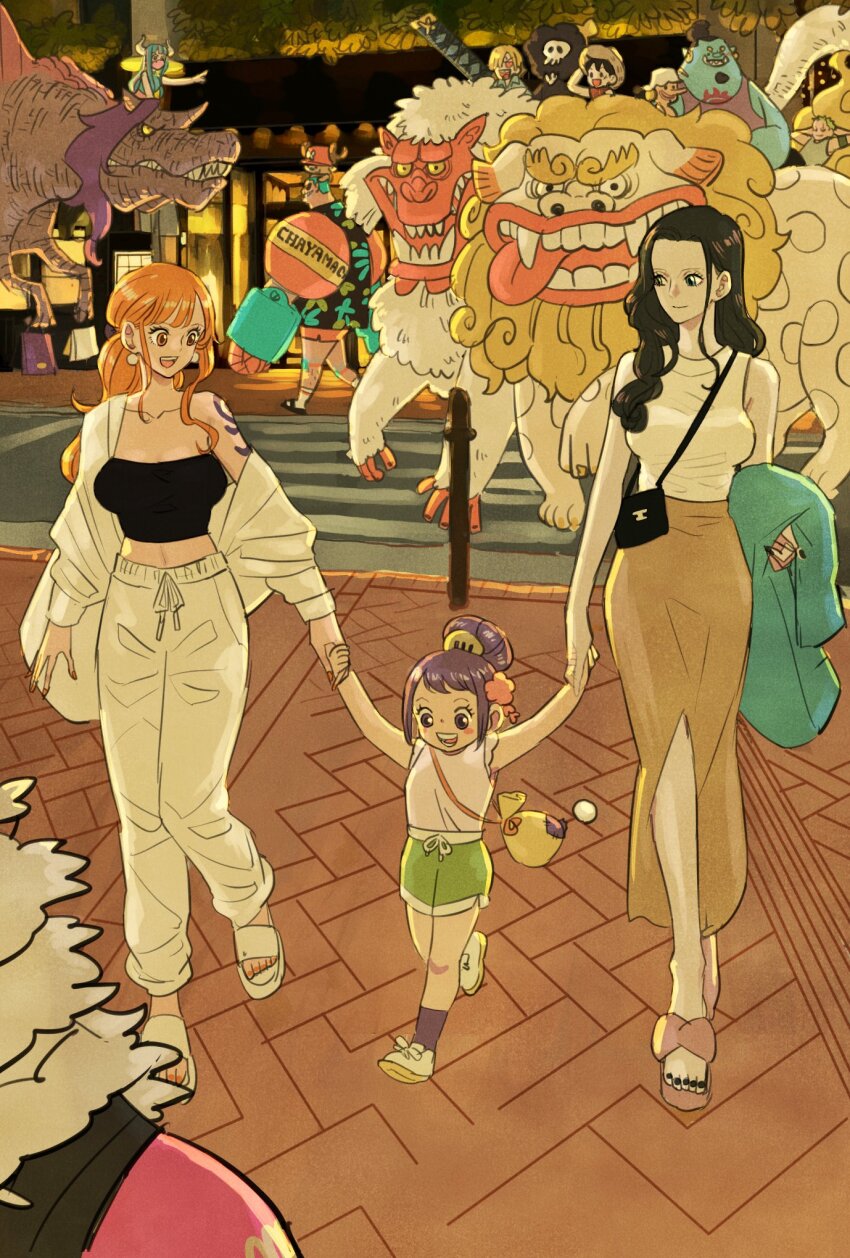 4girls 6+boys alternate_form antlers arm_tattoo arms_behind_head bandana_around_arm black_hair blonde_hair blue_skin brook_(one_piece) buzz_cut charlotte_katakuri chest_tattoo child colored_skin commentary cyborg dinosaur facial_hair fish_boy franky_(one_piece) full_body goatee green_shorts hat heart heart-shaped_eyes highres hihimaru holding_hands horns jewelry jinbe_(one_piece) komachiyo kurozumi_tama lion long_hair long_nose long_skirt looking_at_another monkey monkey_d._luffy multiple_boys multiple_girls nami_(one_piece) necklace nico_robin on_head one_piece orange_eyes orange_hair page_one_(one_piece) pearl_necklace pink_hat purple_hair reindeer_antlers roronoa_zoro sanji_(one_piece) sharp_teeth short_hair shorts sidelocks skeleton skirt sleeveless straw_hat stubble sword sword_on_back takeuchi_ryousuke tattoo teeth tony_tony_chopper ulti_(one_piece) usopp very_short_hair weapon weapon_on_back