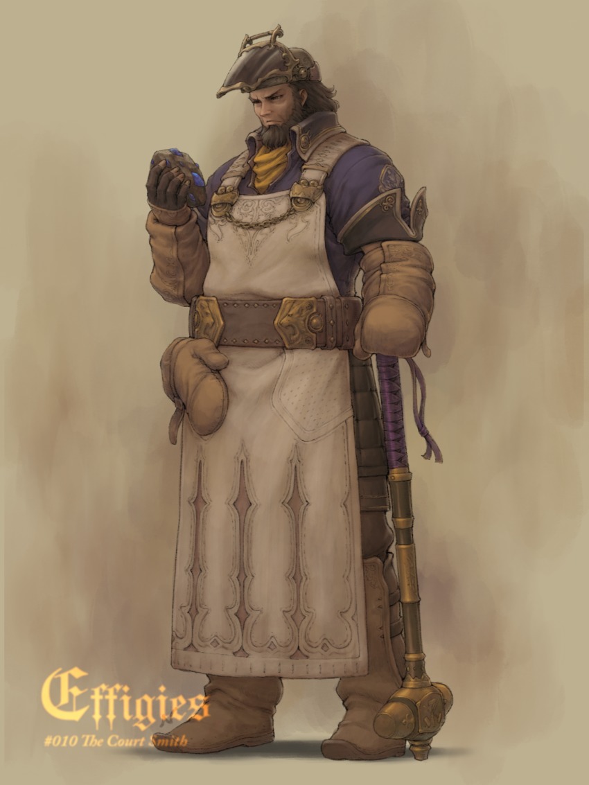 1boy absurdres apron beard belt blacksmith commentary_request facial_hair fantasy fingerless_gloves full_body gloves highres holding male_focus mask mask_on_head mittens nishi original simple_background solo war_hammer warhammer weapon