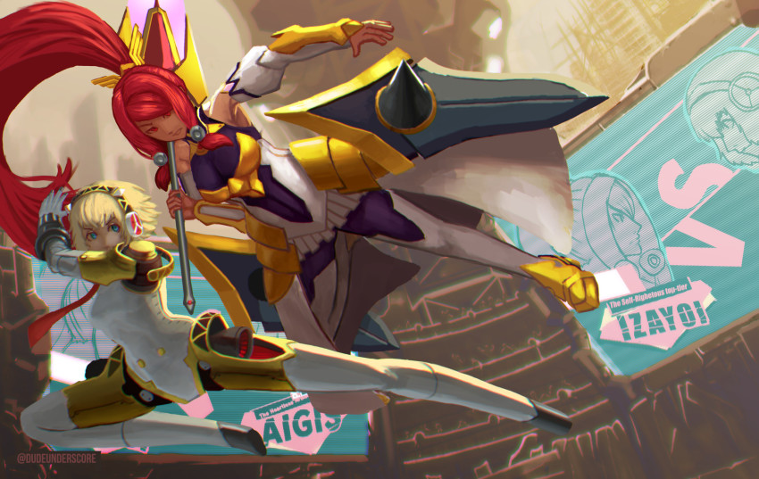 2girls aigis_(persona) android armor armored_dress bare_shoulders blazblue blazblue:_cross_tag_battle blonde_hair blue_eyes bow breasts crossover detached_sleeves dress dudeunderscore faulds hair_ornament hair_tubes hairband headphones highres izayoi_(blazblue) joints large_breasts long_hair multiple_girls pantyhose persona persona_3 ponytail red_eyes red_hair ribbon robot_ears robot_joints school_uniform short_hair skirt sword thighhighs tsubaki_yayoi very_long_hair weapon