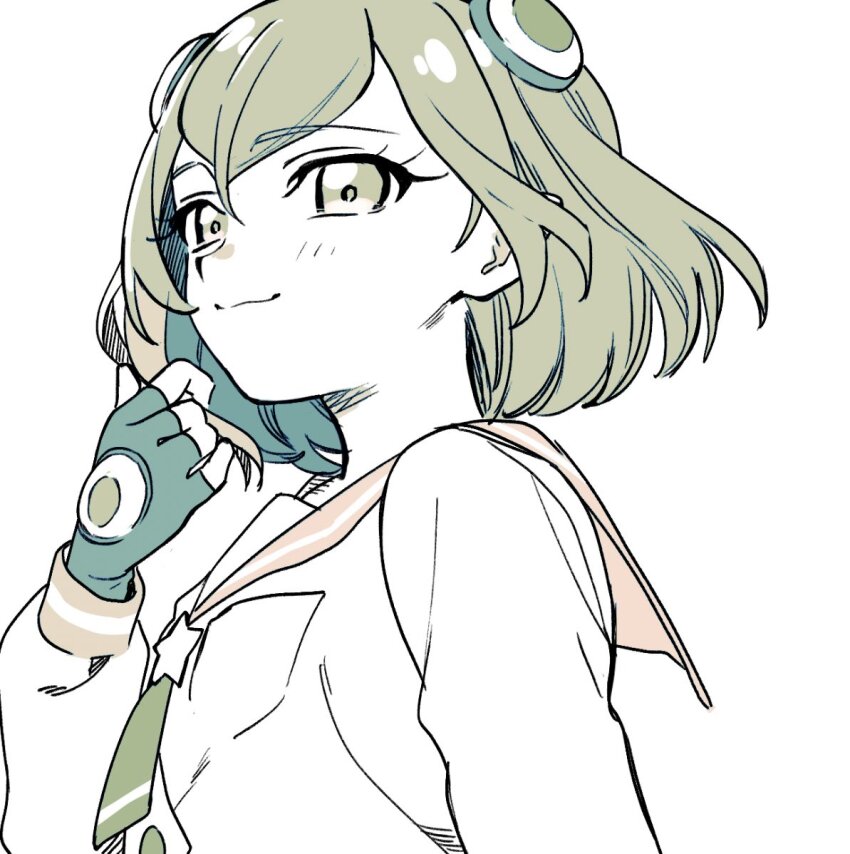 1girl :3 ascot blue_gloves blue_hair brooch buttons closed_mouth colored_inner_hair commentary eyelashes fingerless_gloves gloves green_ascot green_eyes green_hair hagoromo_lala hair_ornament holding holding_own_hair jewelry light_blush long_sleeves looking_ahead mihoshi_middle_school_uniform multicolored_hair no+bi= orange_sailor_collar pocket pointy_nose precure puffy_long_sleeves puffy_sleeves sailor_collar school_uniform serafuku shirt short_hair simple_background smile solo star_brooch star_twinkle_precure upper_body white_background white_shirt