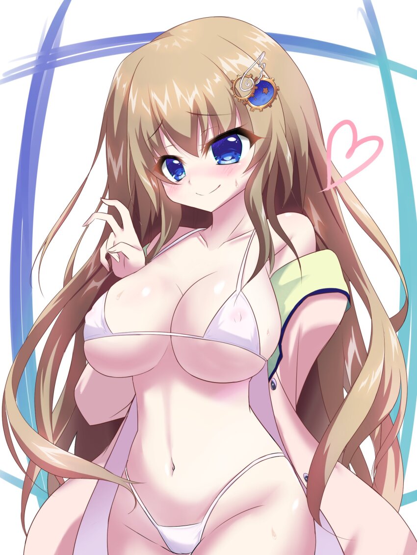 1girl 9-nine- absurdres alternate_costume arm_behind_back bare_shoulders bikini blue_eyes blush breasts brown_hair cardigan cleavage closed_mouth collarbone covered_erect_nipples cowboy_shot eyes_visible_through_hair furrowed_brow gear_hair_ornament groin hair_between_eyes hair_ornament halterneck hand_up hashtag-only_commentary heart highleg highleg_bikini highres kujou_miyako large_breasts long_hair looking_at_viewer micro_bikini navel open_cardigan open_clothes pink_cardigan ryu9voice sidelocks simple_background smile solo split_mouth star_(symbol) star_print stomach sweatdrop swimsuit v very_long_hair white_background white_bikini wing_hair_ornament