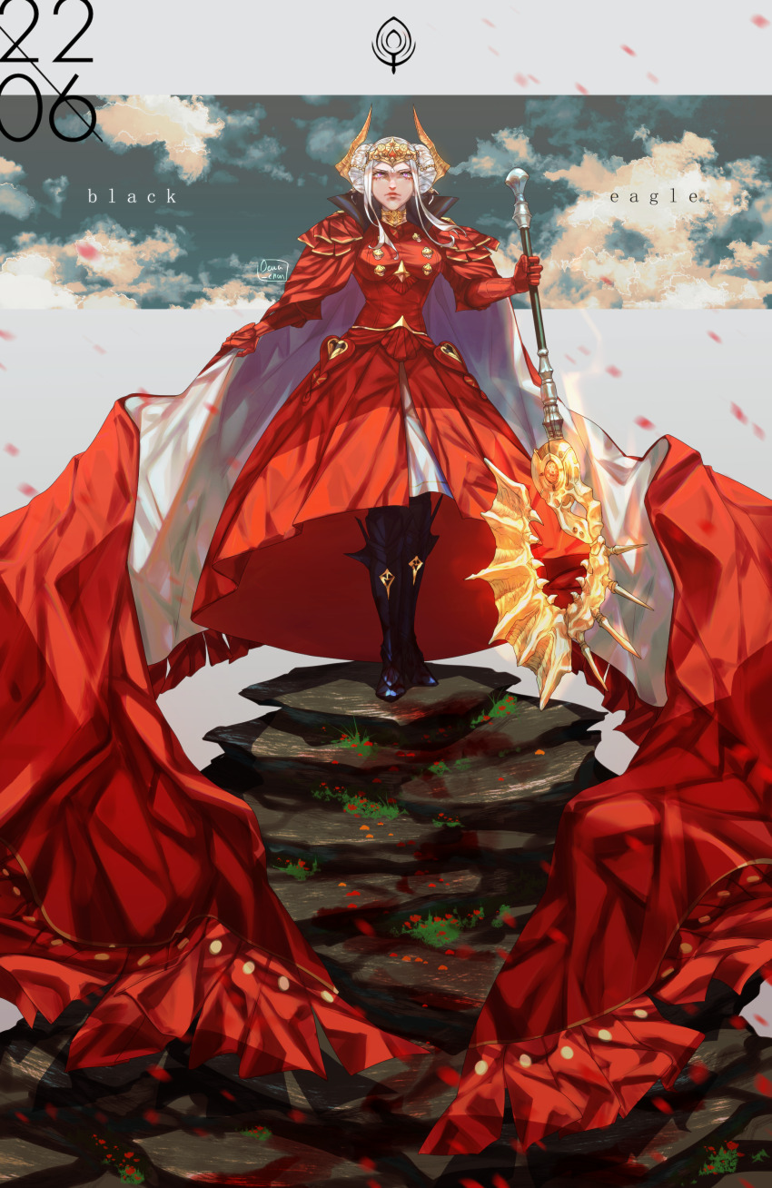 1girl absurdres artist_name axe aymr_(fire_emblem) blurry blurry_background boots breasts cape closed_mouth cloud cloudy_sky collared_cape commentary dewa-chan double_bun dress edelgard_von_hresvelg edelgard_von_hresvelg_(timeskip) english_commentary english_text fake_horns falling_petals fire_emblem fire_emblem:_three_houses gloves hair_bun headpiece high_collar highres holding holding_axe holding_weapon horns long_sleeves looking_at_viewer looking_up medium_breasts motion_blur nintendo outdoors petals pink_lips purple_eyes red_cape red_dress red_gloves sky solo standing thick_lips weapon white_hair