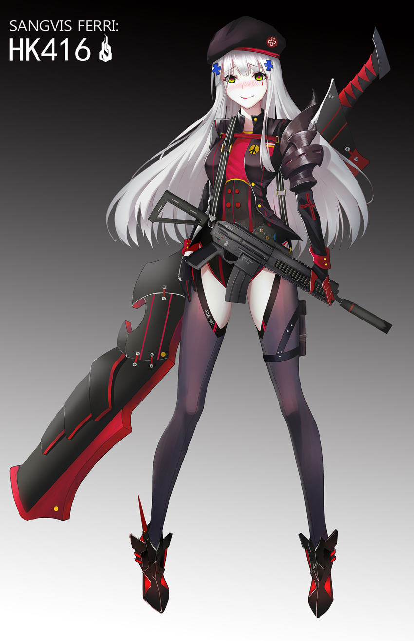 1girl :p albino alternate_costume ammunition_pouch ankle_boots arm_guards assault_rifle asymmetrical_gloves belt beret black_bodysuit black_gloves black_hat black_thighhighs blunt_bangs blush bodysuit boots breasts buckle character_name collared_jacket corruption cross female_focus floating_hair full_body girls&#039;_frontline gloves gradient_background green_eyes gun h&amp;k_hk416 hair_ornament hairclip hat heart heart-shaped_pupils heckler_&amp;_koch highres hk416_(girls&#039;_frontline) iron_cross jacket long_hair looking_at_viewer magazine_(weapon) makeup open_clothes open_jacket partial_bodysuit plaid_clothes plaid_skirt pouch reflex_sight rifle sangvis_ferri screw sheath sheathed sight silver_hair skirt sleeve_cuffs smile solo standing strap suppressor sword symbol-shaped_pupils teardrop thigh_strap thighhighs thighs tongue tongue_out uneven_gloves weapon weapon_on_back yandere zqzqy