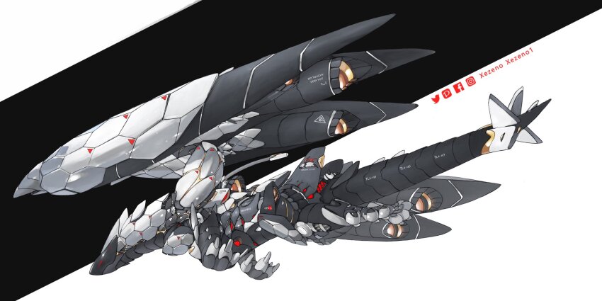 abstract_background aircraft airplane animal_focus artist_name black_background black_sclera colored_sclera commentary dragon english_commentary facebook_logo facebook_username flying from_side full_body highres instagram_logo instagram_username jet jet_engine making-of_available mecha mechanization monster_hunter_(series) no_humans pixiv_logo pixiv_username red_eyes robot simple_background solo speedpaint striped_background twitter_logo twitter_username two-tone_background valstrax white_background xezeno