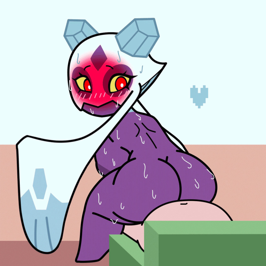 animated animated_gif ass back blush breasts colored_skin franschesco from_behind froslass gen_4_pokemon heavy_breathing ice_crystal large_breasts nintendo pokemon purple_skin red_eyes sweat tagme