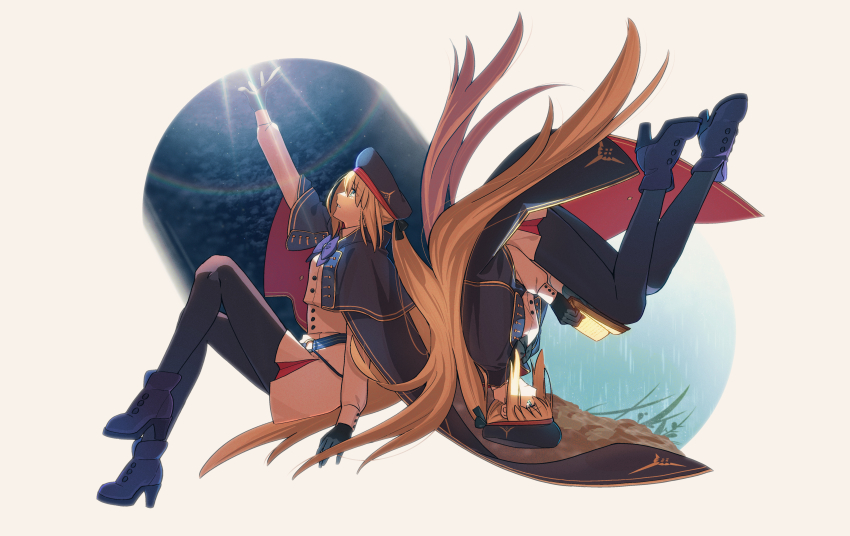 2girls absurdres aesc_(fate) arm_up artoria_caster_(fate) artoria_caster_(second_ascension)_(fate) artoria_pendragon_(fate) back-to-back belt black_bow black_bowtie black_gloves black_pantyhose blonde_hair blue_belt blue_boots blue_bow blue_bowtie blue_cape blue_hat book boots bow bowtie brown_background cape chietori closed_mouth fate/grand_order fate_(series) from_side full_body gloves gold_trim green_eyes hair_between_eyes hat hat_bow high_heel_boots high_heels highres holding holding_book lens_flare long_hair long_sleeves looking_down looking_up multiple_girls o-ring o-ring_belt open_book outstretched_arm pantyhose parted_lips profile rain reaching reading rotational_symmetry shirt sitting skirt striped_belt takeuchi_takashi_(style) twintails two-sided_cape two-sided_fabric upside-down white_shirt white_skirt