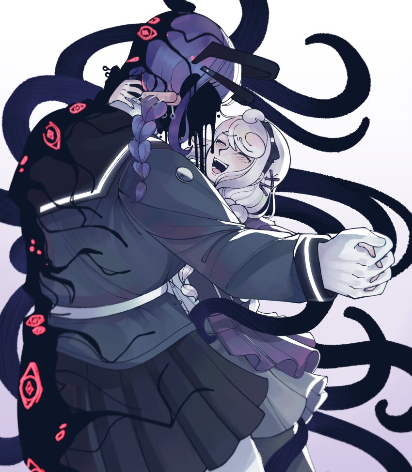 2girls :d ^_^ absurdres black_hairband black_jacket black_leggings black_sailor_collar black_serafuku black_skirt body_horror braid breasts closed_eyes commentary doppelganger english_commentary extra_eyes faceless facing_another gloves grey_hair grey_skirt hairband headgear highres holding_hands jacket kirifuji_nozomi last_defense_academy_school_uniform leggings long_hair medium_breasts mojiro_moko multiple_girls novemblem open_mouth purple_hair sailor_collar school_uniform serafuku shirt simple_background skirt smile spoilers teeth tentacles the_hundred_line_-last_defense_academy- upper_teeth_only waltz_(dance) white_background white_gloves white_shirt zen&#039;ta