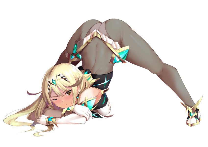 1girl ass bare_shoulders blonde_hair breasts chest_jewel cleavage cleavage_cutout clothing_cutout daive dress earrings elbow_gloves gloves highres jack-o&#039;_challenge jewelry large_breasts long_hair mythra_(massive_melee)_(xenoblade) mythra_(xenoblade) short_dress solo spread_legs swept_bangs thigh_strap tiara very_long_hair white_dress white_footwear white_gloves xenoblade_chronicles_(series) xenoblade_chronicles_2 yellow_eyes