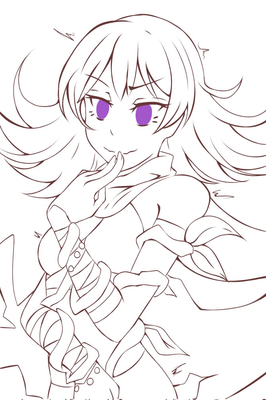 1girl arm_vines closed_mouth commentary english_commentary fingernails hand_on_own_chin highres hikarinotenshi.arts kid_icarus kid_icarus_uprising lineart medium_hair nintendo phosphora plant purple_eyes scarf single_bare_shoulder solo tagme unfinished upper_body v-shaped_eyebrows vines wavy_mouth